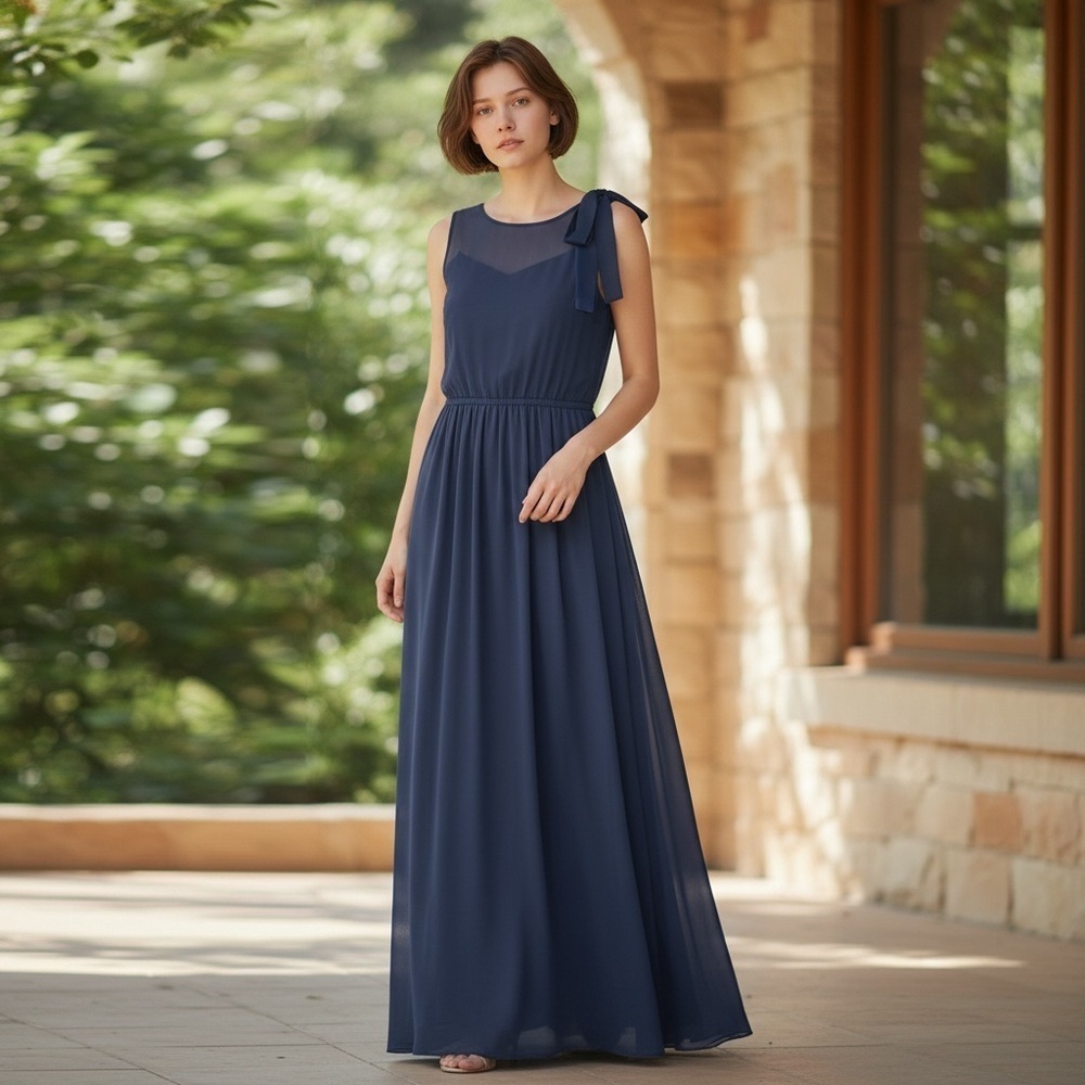 After Six Navy Chiffon Bridesmaid Formal Maxi Dress Size 8